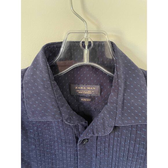 Zara Man Slim Button Down Paisley Tuxedo Long Sleeve Shirt Navy Blue Size Small - Picture 5 of 5